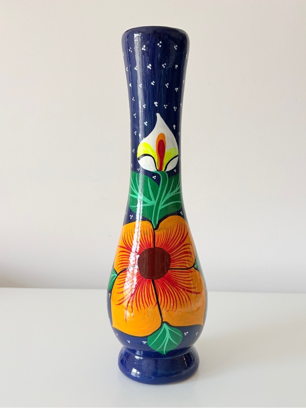 Hand Painted Latin Folk Art Colourful Terracotta Ceramic Pottery Vase